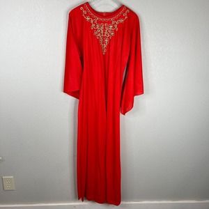 Vintage Kaftan Holly Women Embroidered Maxi‎ Dress 3/4 Bell Sleeve Red
